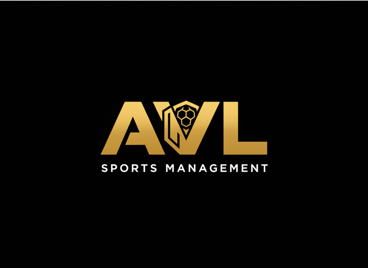 A professional sports management agency logo for "AVL Sports Management". Clean, modern design on a dark/black background. Bold "AVL" letters in gold (#C9A84C) as the focal point, with "SPORTS MANAGEMENT" in smaller white uppercase letters beneath. Include a subtle abstract icon — a stylized football/soccer ball or a shield emblem — integrated with the lettering. Premium, sophisticated feel. No gradients, flat design. Suitable for a header logo.